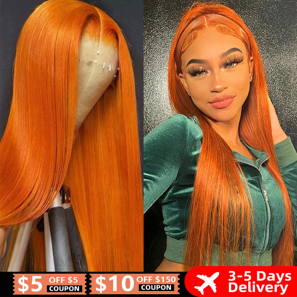 Eluxxe- Ingwer Orange 13x4 HD Lace Front Perücken Echthaar Knochen Körperwelle 13x6 Echthaar Lace Frontal Perücken Transparente Spitze Perücke für Frauen