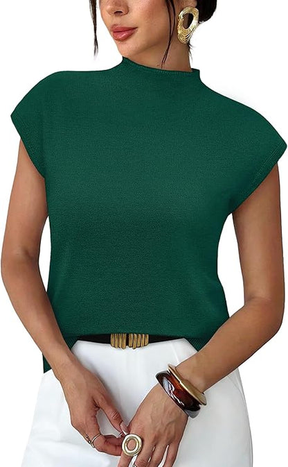 Eluxxe-Sampeel Womens Short Sleeve Sweater Mock Neck Summer Top Dressy Casual Basic Knit Pullover Shirt