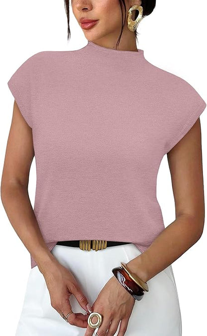 Eluxxe-Sampeel Womens Short Sleeve Sweater Mock Neck Summer Top Dressy Casual Basic Knit Pullover Shirt